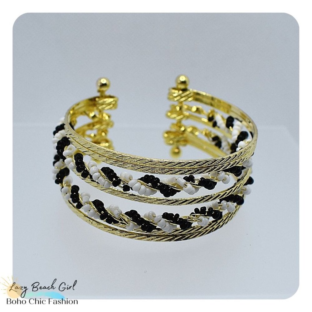 Gold Black Beaded Cuff Bracelet